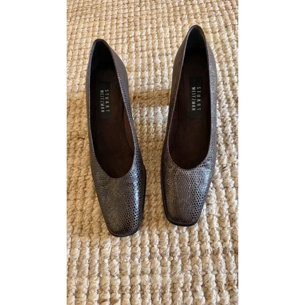 Vintage Stuart Weitzman Brown Lizard Embossed Block Heels